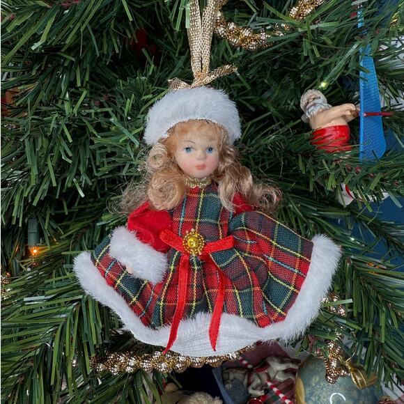 Porcelain Christmas Doll In a Plaid and Fur Trim Coat and Hat Tree Ornament - Picture 1 of 2